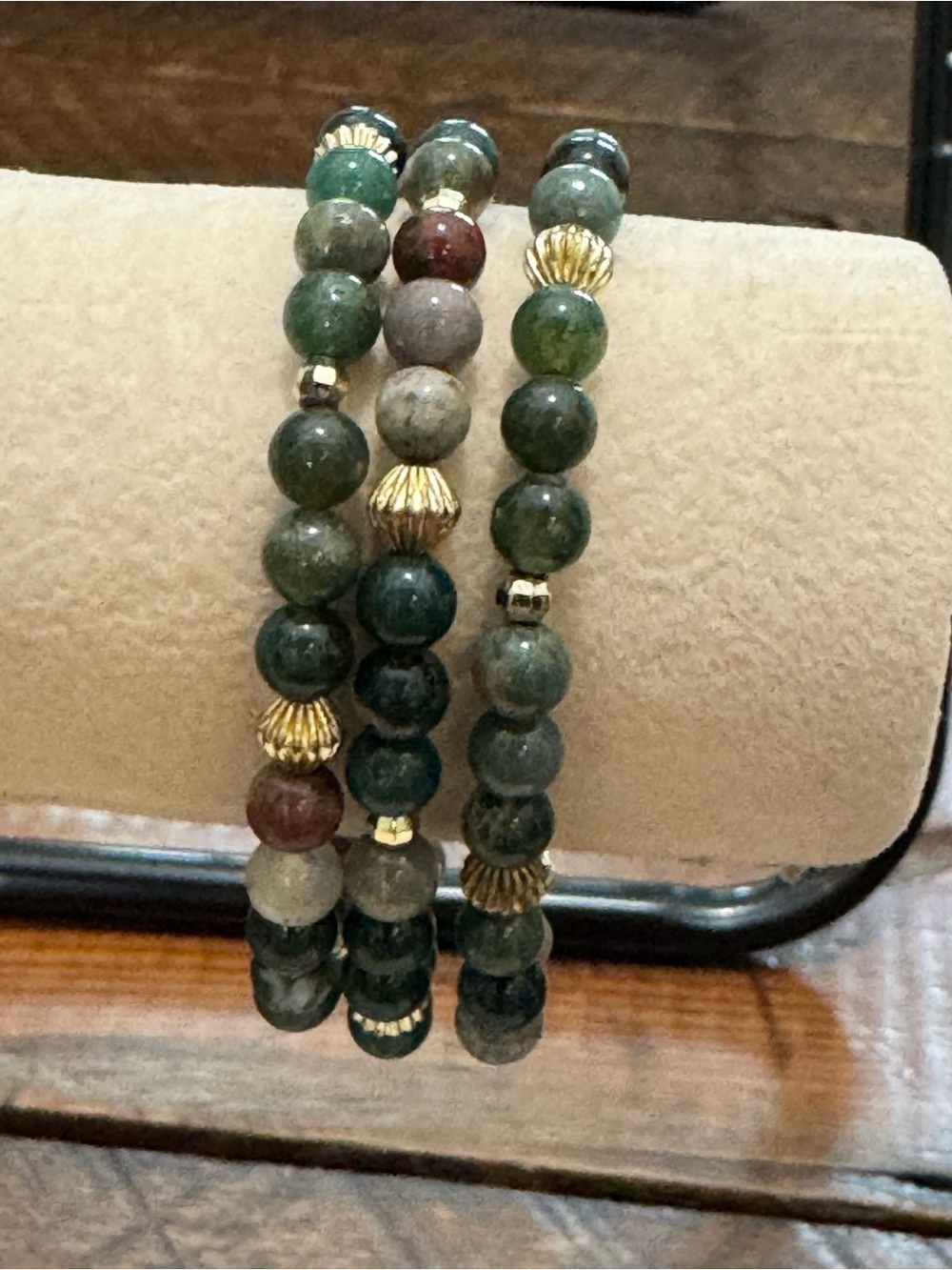 3pc Green Agate Jasper Style Beaded Stretch Bracelet Set Gold Tone